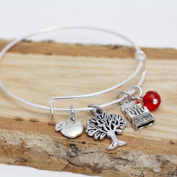 Apple, Tree & Box of Crayons Teacher Bangle - Handcrafted Hypoallergenic - Picture 3 of 4
